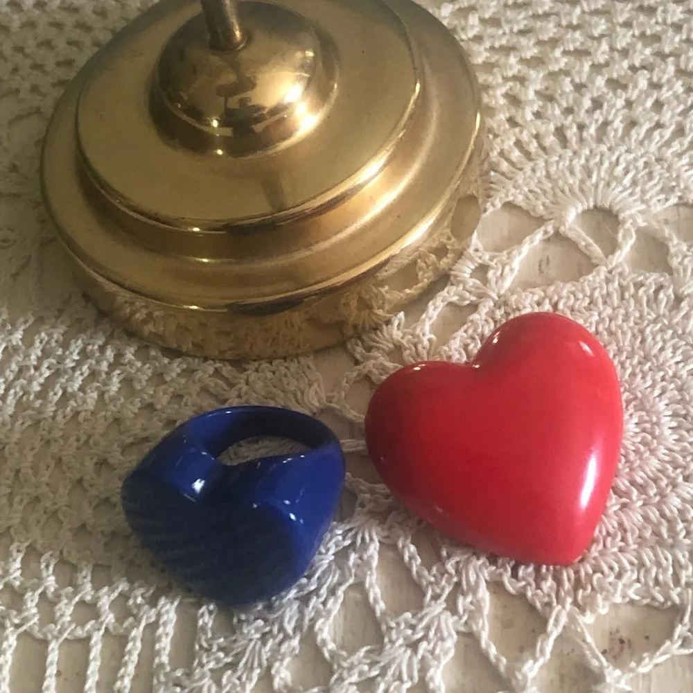 Vintage Lucite Blue Heart Ring & Red Heart Brooch